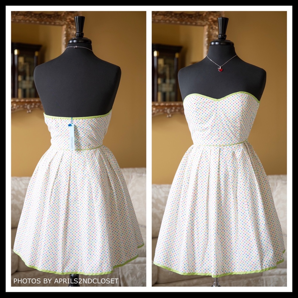 WHITE STRAPLESS RETRO POLKA DOT MINI DRESS A3C - Picture 3 of 8